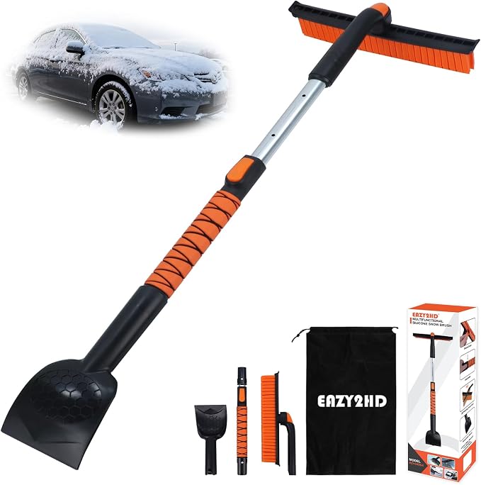 3 in 1 Silicone Snow Brush with Ice Scrapers, 39.37" Extendable Window Ice Removal with Squeegee for Windshield, 360° Pivoting Brush Head Cleaner Tool for Car, Truck, SUV