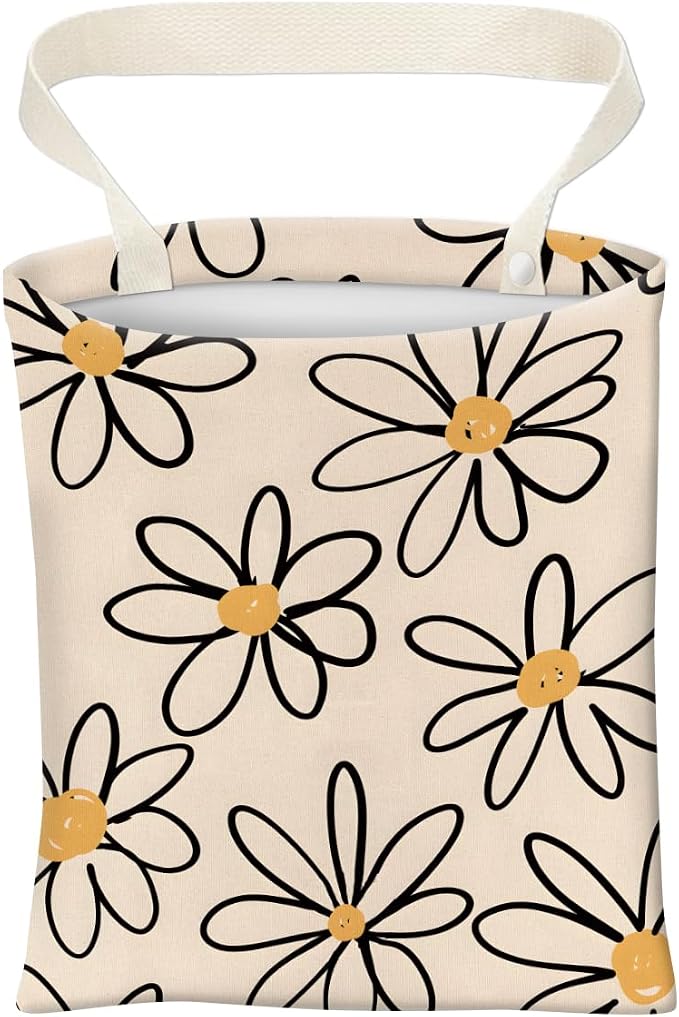 Car Trash Can, Cute Car Trash Bag, Hanging Car Organizer and Storage Bag, Trash Bin for Car Accessories, Vehicle, Travelling, Camping Cute Beige Daisy