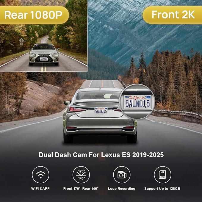 Front 2K+Rear 1080P Dash Cam for 2019-2025 Lexus ES350 ES300h ES250 F Sport, OEM Look, Dual 1440P+1080P HD Video, WiFi & APP, Loop Recording, G-Sensor, Easy to Set, 64GB Card
