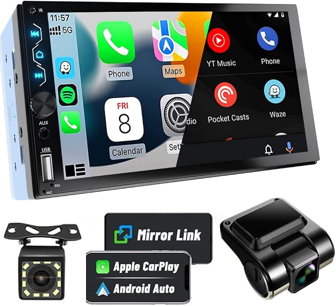 Double Din Car Stereo with Dash Cam,7 Inch Full HD Touchscreen Car Audio Receiver Support Carplay and Android Auto,Car Stereo with Bluetooth,Mirror Link,Backup Camera,FM/USB/AUX/Subwoofer