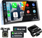 Double Din Car Stereo with Dash Cam,7 Inch Full HD Touchscreen Car Audio Receiver Support Carplay and Android Auto,Car Stereo with Bluetooth,Mirror Link,Backup Camera,FM/USB/AUX/Subwoofer
