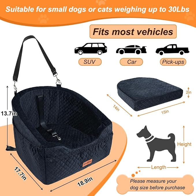 Dog Car Seat for Small & Medium Dogs, Detachable & Washable Booster Seat for Pets Up to 30lbs, Travel Bed with Storage Pockets and Safety Belt – Black
