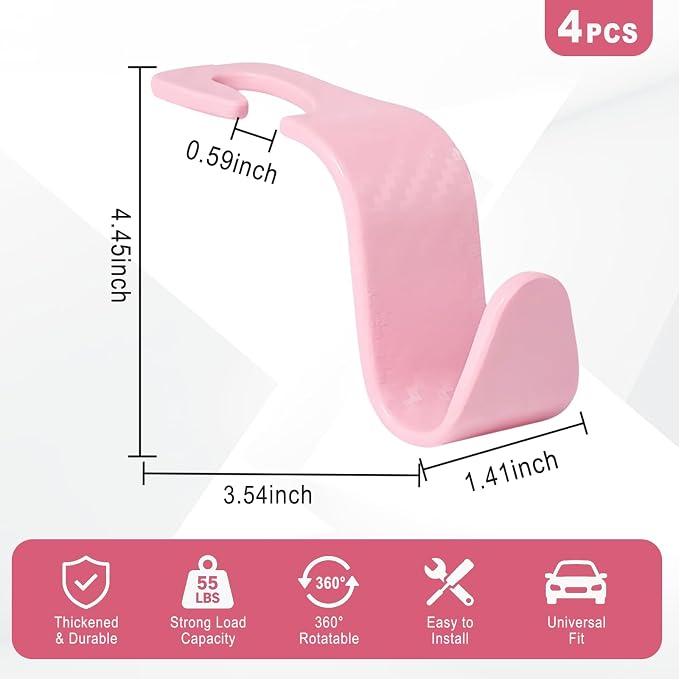 Car Seat Hooks for Headrest 4 Pack, Car Seat Back Storage Hook, Universal Vehicle Headrest Hanger for Purse, Handbag, Coat, Umbrella, Grocery Bags, Practical Interior Accessories