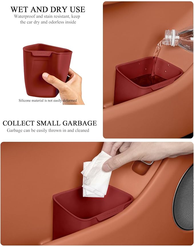 Car Interior Storage Box, Black Silicone Door Side Organizer with Umbrella Holder and Trash Can, Vehicle Accessory (Red)
