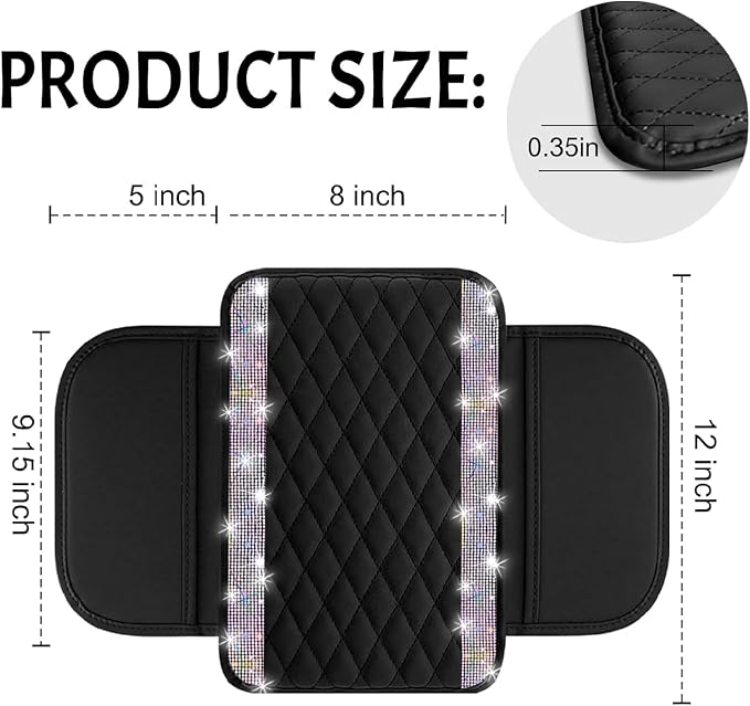 Bling Car Center Console Cover, Leather Car Arm Rest Cover Cushion with 2 Storage Bags, Universal Auto Armrest Protector Storage Box, Bling Accessories Interior for Most Vehicles (Multicolor)