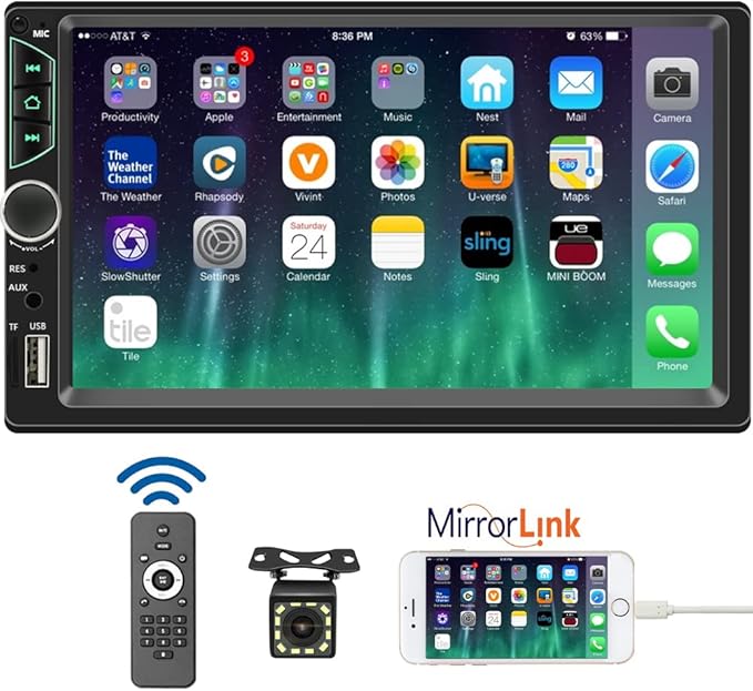 7inch Car Stereo Double Din Radio Touchscreen with Backup Camera Multimedia Car Audio Support Mirror Link, Bluetooth Caller ID, FM/MP3/MP4/USB/Subwoofer,Aux Input Car Audio Receivers