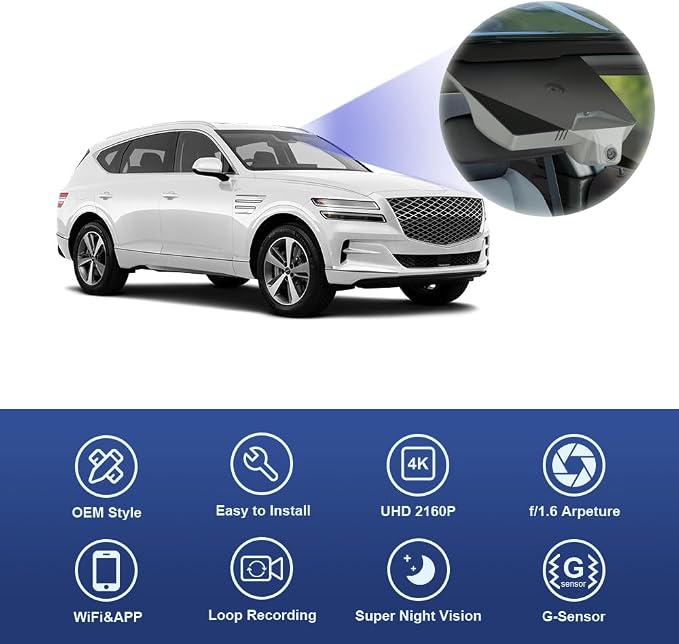 4K Dash Cam Suitable for Genesis GV80 2021-2025, Grey Color (HD2-T6010), Integrated OEM Look, UHD 2160P Video, Built-in WiFi & APP, Loop Recording, Collision Detection, Plug & Play, 64GB Card