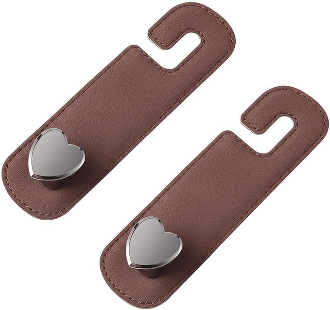 2PCS Car Seat Headrest Hook, Cute Heart Vehicle Backseat Purse Bag Hanger Organizer, Auto Seat Back Storage Holder for Groceries Coats Umbrellas, Universal for Vehicles (Brown)