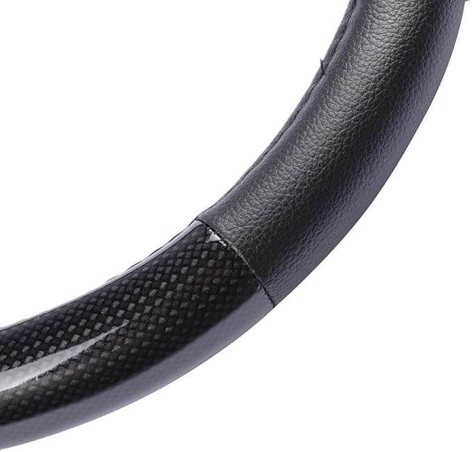 Carbon Fiber Steering Wheel Cover White Vinyl with Fiber Accent - Black Carbon, 14.5-15 inch