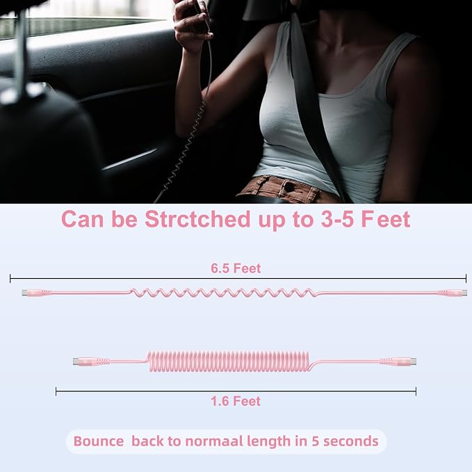 USB C to C Cable 6FT, 2Pack Coiled USB C Fast Charging Cable for Car, CarPlay iPhone USB-C Cable/Android Auto USB C Cord, USB Type C Cable for iPhone 17/16/15/Pro Max/Samsung Galaxy S23 and More-Pink