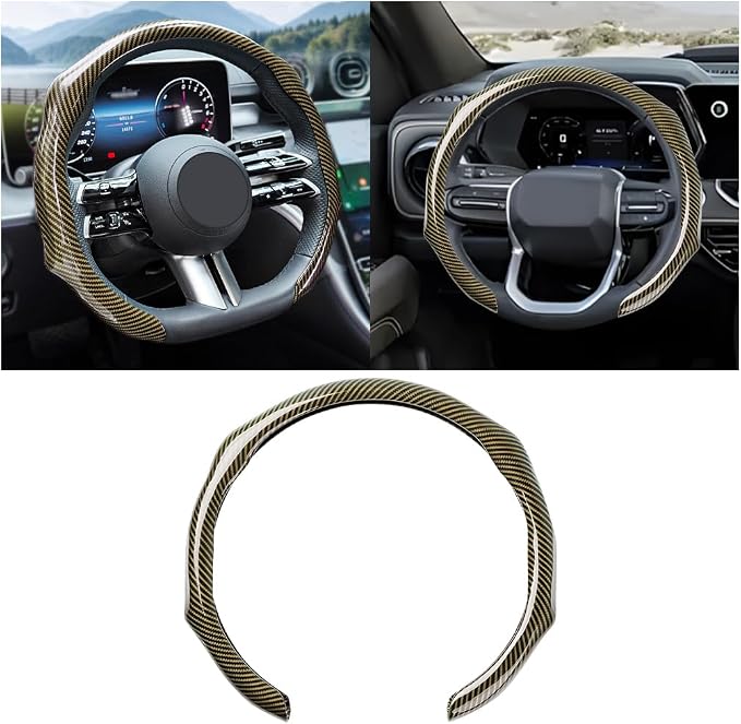 Zpana Carbon Fiber Car Steering Wheel Cover, Leather Non-Slip Vehicle Steering Wheel Cover for 14.5-15 Inch, Comfortable Auto Interior Protector Decoration Accessories, Universal Fit(Gold)