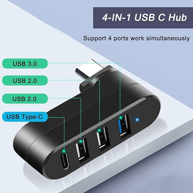 4-Port USB C Hub [90°/180° Degree Rotatable], USB C Adapter Splitter with PD-in 5W Port, USB Extender for MacBook, iMac, Surface, and More C Port Laptop(Not for Car)