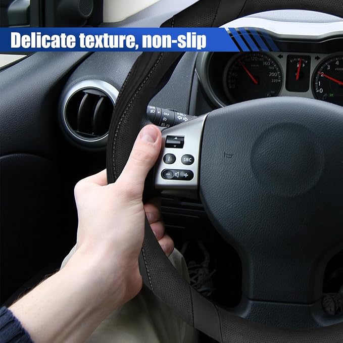 Car Steering Wheel Cover, 15 Inch Leather Anti-Slip Breathable Automotive Steering Wheel Protector, Universal Heat Resistant Vehicle Interior Accessories Cars, SUVs, Trucks(Black)