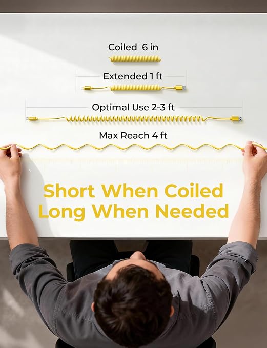 Coiled USB C Cable, 2 Pack for Android Auto & CarPlay Cable, Short USB A to USB C Cable Compatible with iPhone 17/16/15, Samsung Galaxy S25/S24/S23 A15/A14, Google Pixel 9/8, Yellow 4FT