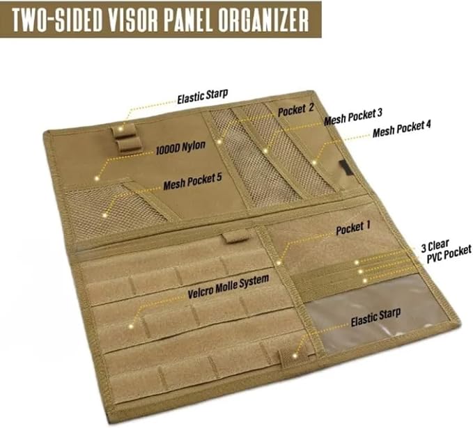 Large Molle Visor Organizer, Tactical Visor Organizer, Car Sun Visor Organizer Truck Accessories for Men, Tactical Gear for Men (Khaki)