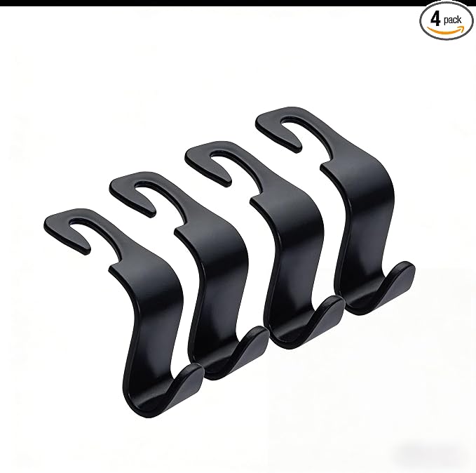 Car Headrest Hooks – 4-Pack Black, 13 lbs Capacity | Hang purses, coats, umbrellas & grocery bags. Universal fit for most headrests. ABS design keeps car tidy & clutter‑free.