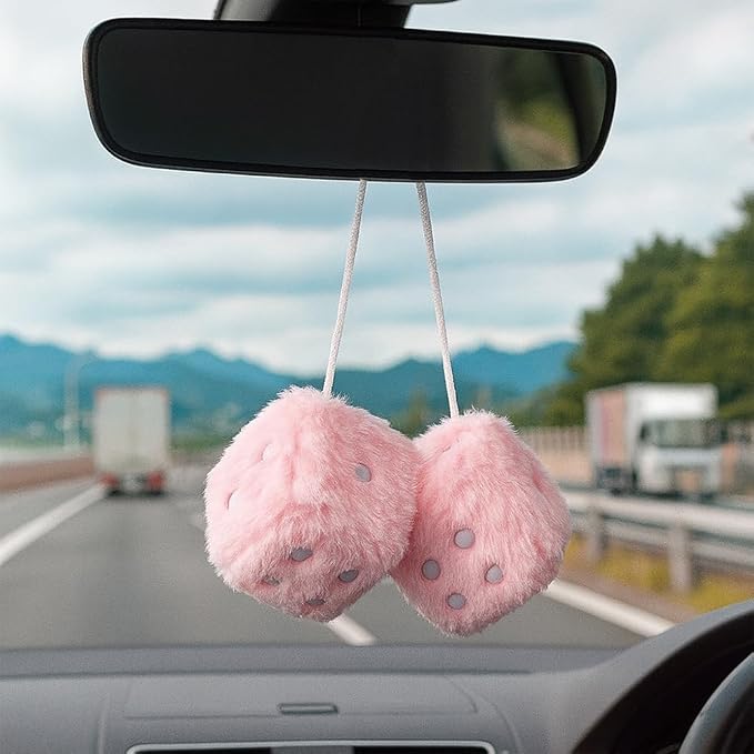 Fuzzy Plush Dice for Car Mirror, Pair of Retro 3” Light Pink Dice with White Dots for Car Interior Hanging Ornament Decoration (Light Pink)