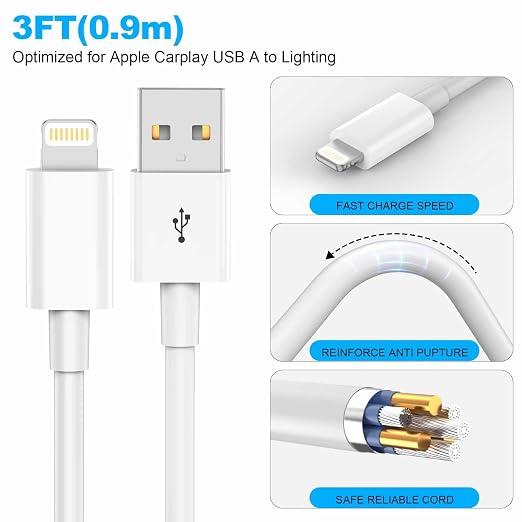 Car Apple Carplay Cable，USB A to Lightning Cable 3FT Compatible with iPhone 14 13 12 11 Pro Max XR XS X Charger Cord，Car Charging Cord