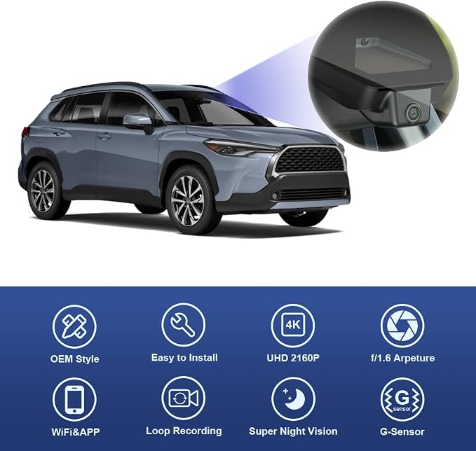 4K Dash Cam Suitable for Toyota Corolla Cross 2023-2026 & Hybrid (NOT Corolla), OEM Factory Look, UHD 2160P Video, Built-in WiFi & APP, Loop Recording, G-Sensor, Plug & Play, 64GB Card