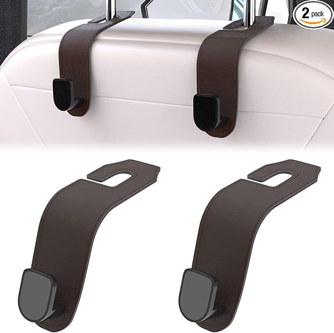 2 Pcs Seat Headrest Hook for Car, Seat Back Hanger Holder Hooks, Hanger Storage Organizer for Purse Bags Coat, Car Interior Accessories Leather Hidden Hook