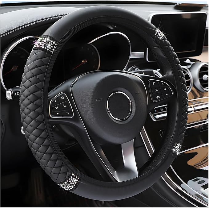 Bling Car Steering Wheel Cover, 15 Inch Rhinestones Soft Leather Elastic Steering Wheel Protector, Sparkly Crystal Diamond for Women Girls, Car Interior Accessories for Most Cars (Black)