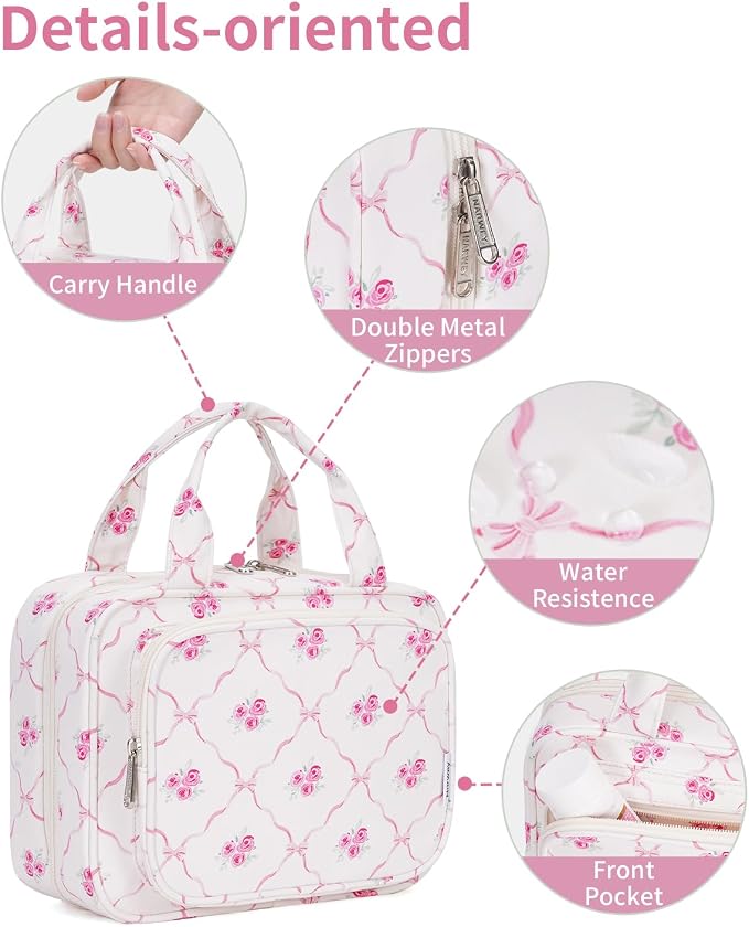 Hanging Toiletry Bag for Women Travel Makeup Bag Organizer Toiletries Bag for Travel Size Essentials Accessories Cosmetics (Bowknot and Flower (Medium))