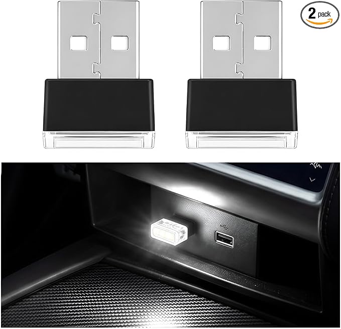 2PCS USB LED Car Interior Atmosphere Lamp, Portable Mini, White | 5V USB-A plug-in, soft accent glow, no wiring, decor night light, car accessories for cars, SUVs, trucks