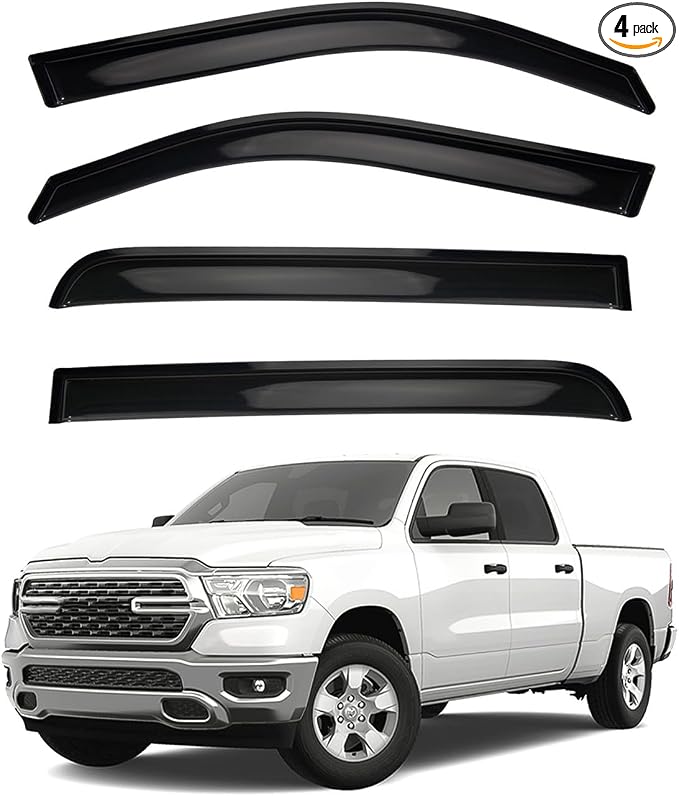 4pcs Smoke Tint Sun Rain Guard Vent Window Visors Compatible with 2019-2024 Ram 1500 New Body Crew Cab with 4 Full Size Doors, Outside Mount Tape On Style Acrylic Set of 4 Front+Rear