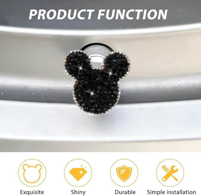Bling Car Tire Valve Stem Caps, 4PCS Dustproof Crystal Rhinestone Cartoon Mouse Design, Sparkling Attractive Auto Wheel Decoration Accessories, Universal Fit (Black)