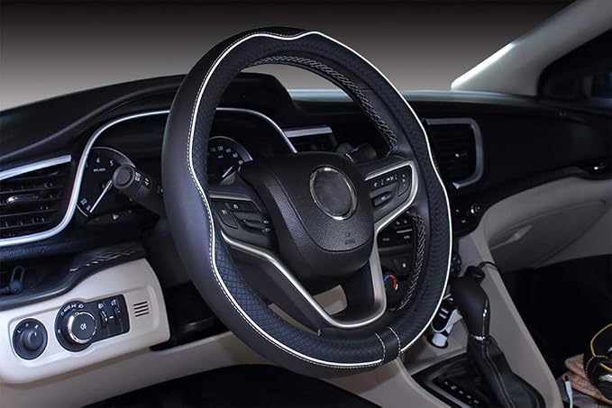 Large Size Steering Wheel Cover Anti-Slip,Safety,Soft,Breathable,Durable,Full Surround,Comfortable Grip Microfiber Leather (15.5-16 inch, Black White)