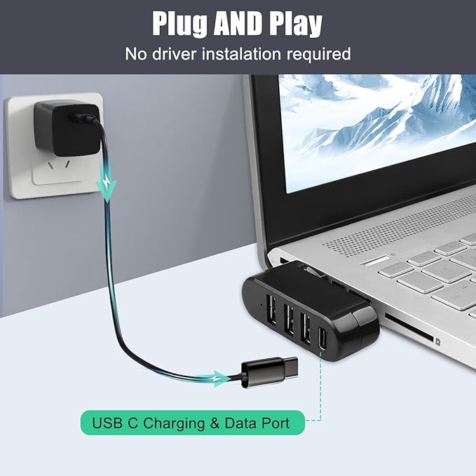 4-Port USB 3.0 Hub [90°/180° Degree Rotatable], USB Splitter with PD-in 5W USB C Port, USB Extender for Laptop, Car, iMac, MacBook Air, MacBook Pro, and More