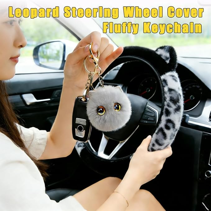 Leopard Fluffy Car Steering Wheel Cover with Keychain 14-15 inch Gray Black | Cute Steering Wheel Covers with Ears Keychain Universal Elastic Steering Wheel Protector Accessories for Women Girls