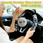 Leopard Fluffy Car Steering Wheel Cover with Keychain 14-15 inch Gray Black | Cute Steering Wheel Covers with Ears Keychain Universal Elastic Steering Wheel Protector Accessories for Women Girls
