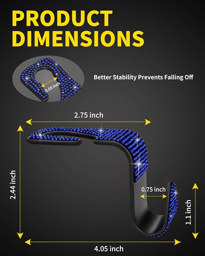4 Pack Blink Diamond Car Seat Headrest Hooks Crystal Rhinestone Car Purse Holder Universal Car Interior Accessories for Handbags Water Bottles Purse Coats Umbrellas, Blue
