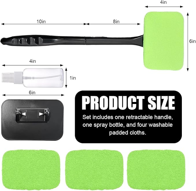 Car Windshield Cleaning Tool, Microfiber Auto Window Cleaner with 4 Cloth Pads & Long Handle, Reusable Window Cleaning Tool Kit for RV SUV Truck, Car Accessories (Green)