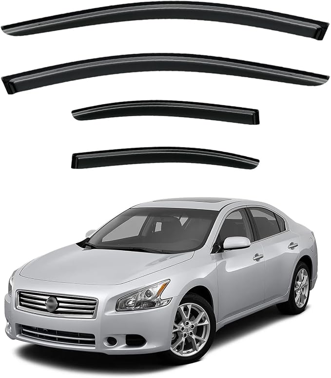 Window Visor for 2009-2015 Nissan Maxima, Out-Channel Rain Guards Shields Vent Deflector Shade Wind Dark Smoke 2010 2011 2012 2013 2014, Tape-On Outside-Mount, 4PCS