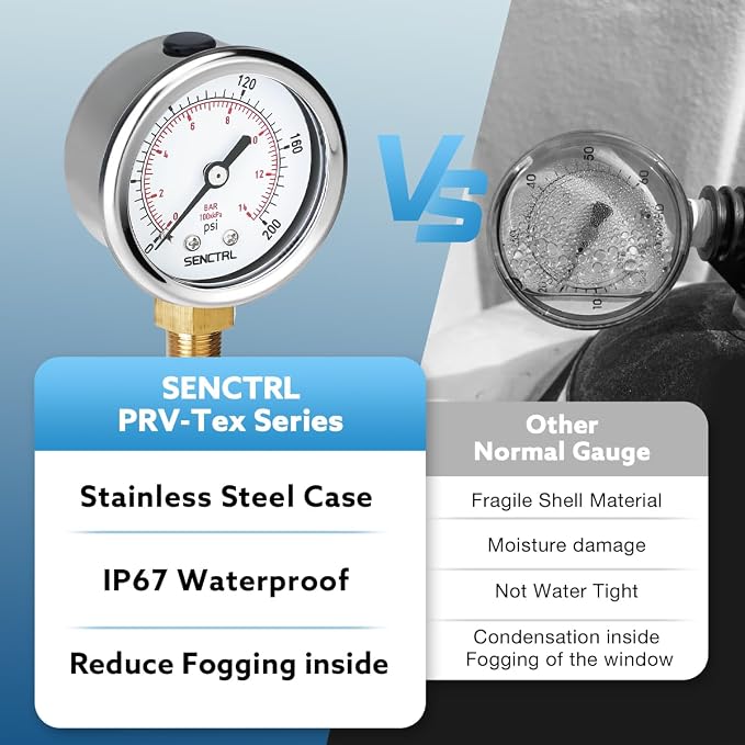0-200 psi Pressure Gauge, 2" Dial Size, 1/8 NPT Lower Mount, Waterproof, Stainless Steel Case, for Pneumatic Regulator Air Compressor Portable Tank Water Tire Test