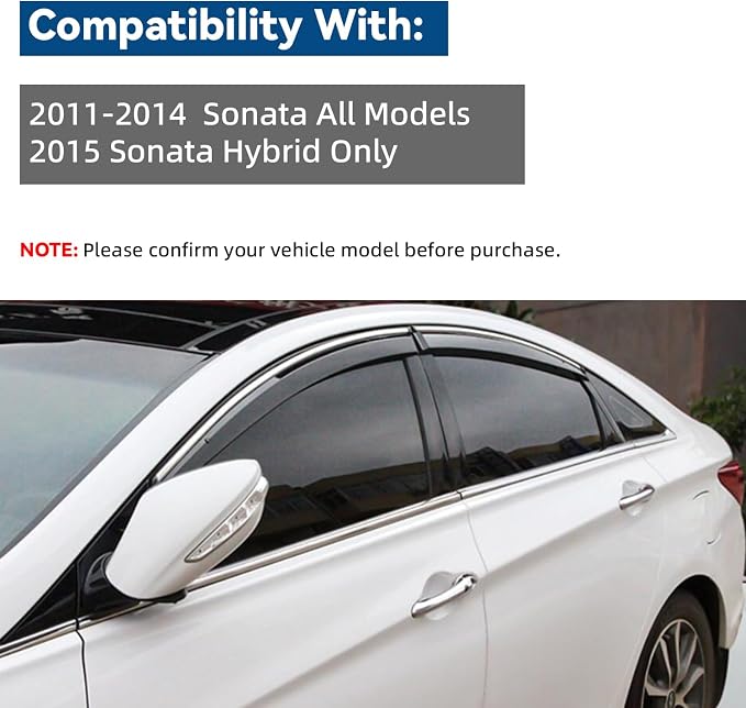4pcs Smoke Tint with Chrome Trim Outside Mount Tape On/Clip On Style PVC Sun Rain Guard Vent Window Visors Compatible with 11-14 Sonata i45 YF 15 Hybrid
