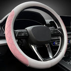Nappa Leather Steering Wheel Cover,Elegant Diamond Checkered Design, Non-Slip wear-Resistant, Enhance Driving Comfort, Suitable for Steering Wheel Diameter 14 1/2‘-15’ Models.White and Pink