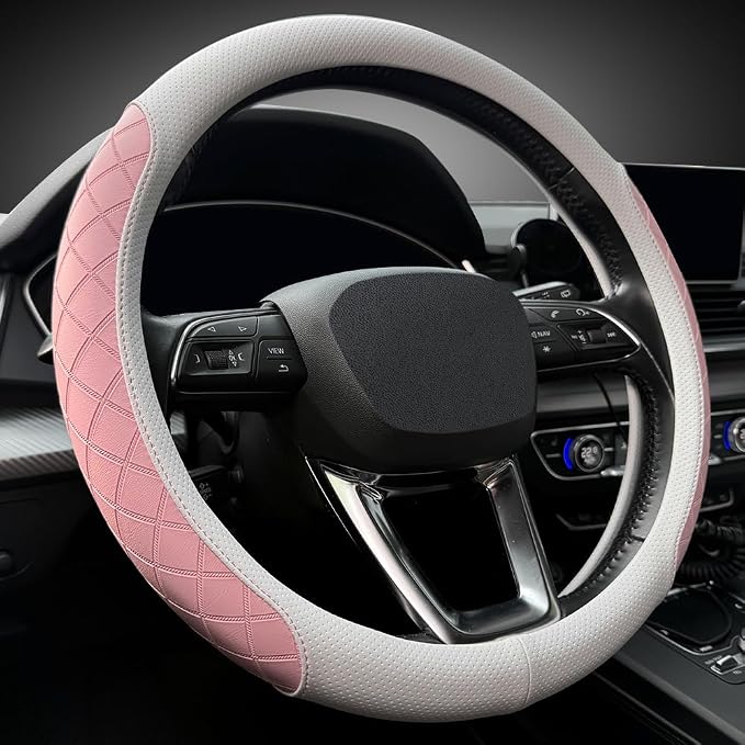 Nappa Leather Steering Wheel Cover,Elegant Diamond Checkered Design, Non-Slip wear-Resistant, Enhance Driving Comfort, Suitable for Steering Wheel Diameter 14 1/2‘-15’ Models.White and Pink