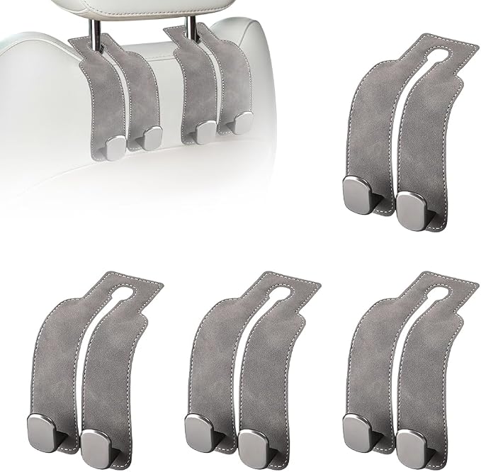 Headrest Hooks for Car, Twinhook Car Seat Hooks for Headrest, Leather Car Purse Holder Hooks for Purses and Bags, Universal Car Headrest Hangers Seat Back Organizer for Travel (Grey, 4Pcs)