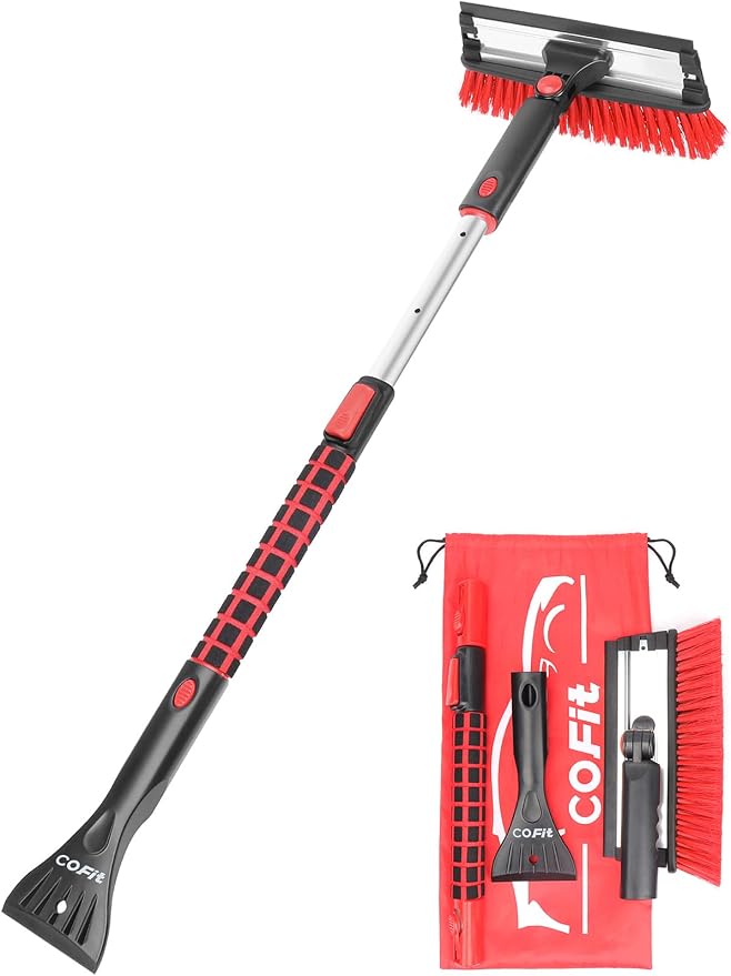 Car Snow Brush with Ice Scraper and Squeegee 3 in 1, 39" Extendable Cleaning Kit Long Handle, Windshield Snow Removal Tool Scratch Free for SUV Truck RV Window Roof Exterior Wash Supplies, Red