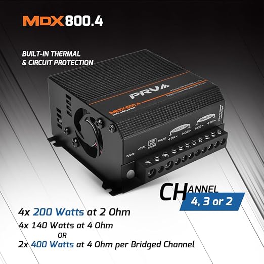 MDX800.4 2 Ohm Mini 4 Channel Car Audio Amplifier 4 x 200 Watts RMS at 2 Ohm - Compact 800x4 Amp Stereo, 800 Watts RMS, 2 Channel bridgedable, Multichannel Full Range