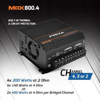 MDX800.4 2 Ohm Mini 4 Channel Car Audio Amplifier 4 x 200 Watts RMS at 2 Ohm - Compact 800x4 Amp Stereo, 800 Watts RMS, 2 Channel bridgedable, Multichannel Full Range