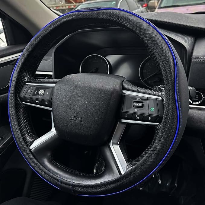 Car Steering Wheel Cover, Durable Leather Cover with Anti-Slip Lining, Breathable Auto Wheel Cover Protector, Universal 15 Inch Anti-Slip Steering Wheels for Men & Women (Black Blue)