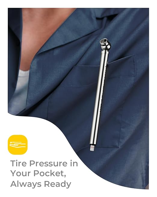 Pencil Tire Pressure Gauge 5 Pack with Valve Caps, Stainless Steel Body Tire Gauges for Tire Pressure with Deflator Valve, Metal Nozzle Tire Gauge for Cars, Pickups, RVs, Bicycles
