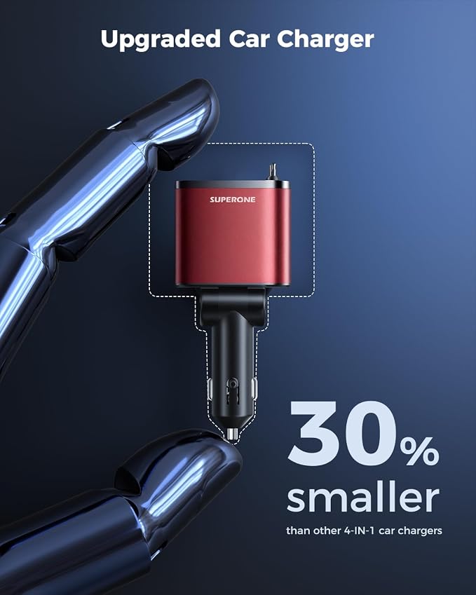 [Upgraded] 6 in 1 Retractable Car Charger, Smaller Fast Car Phone Charger 69W with Cord, USB C and iPhone Car Charger Adapter, Compatible iPhone 17/17 Pro Max/16/15/14/13/12/11, Sumsung