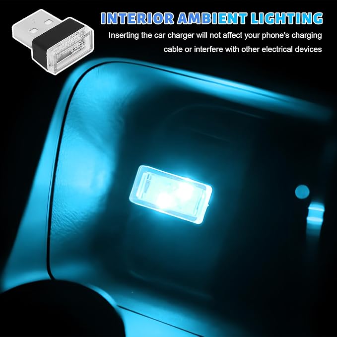 4 PCS USB LED Car Atmosphere Lamp, Mini Night LED Vehicle Trunk Ambient Lighting Kit, Portable Plug-in USB Interface Vehicle Decor Atmosphere Lamp, Interior Car Accessories (Ice Blue)