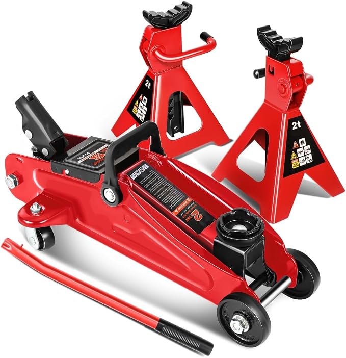 2 Ton (4000 lbs) Capacity Floor Jack Low Profile Garage Hydraulic Trolley Service Lift Floor Jack Combo with Ratchet Jack Stands for SUV, Car and Truck, Red