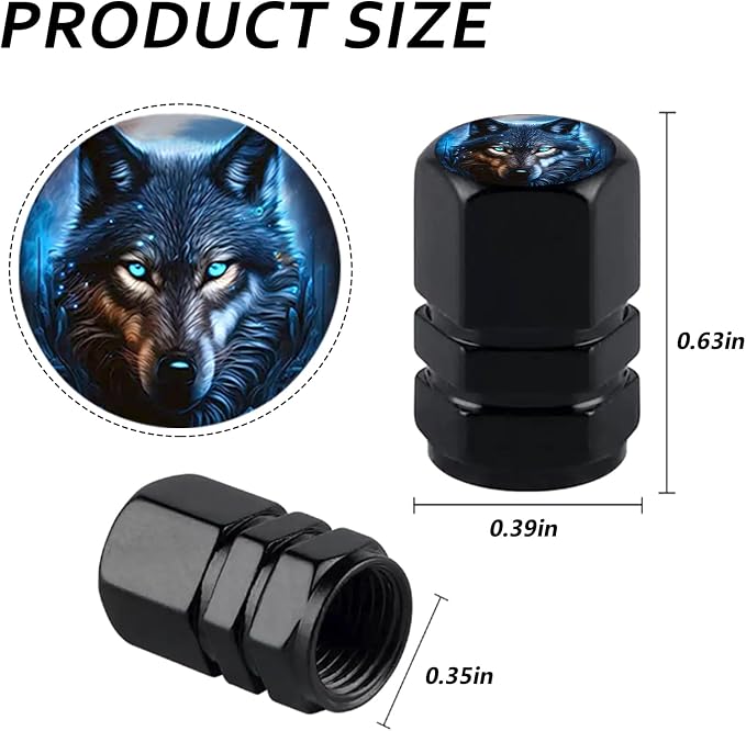 4Pack Wolf Tire Valve Caps Universal Tire Air Cap Valves Stem Covers | Aluminum Alloy Rust-Proof Valve Stem Caps, for Auto SUV Truck Motorcycle Bicycle, Wolf Gifts Decor for Women Men Drivers